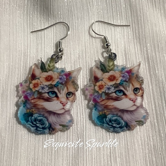 🌸😸Acrylic Hook Drop Beautiful Floral Cat Dangle Drop Earrings - Picture 7 of 10